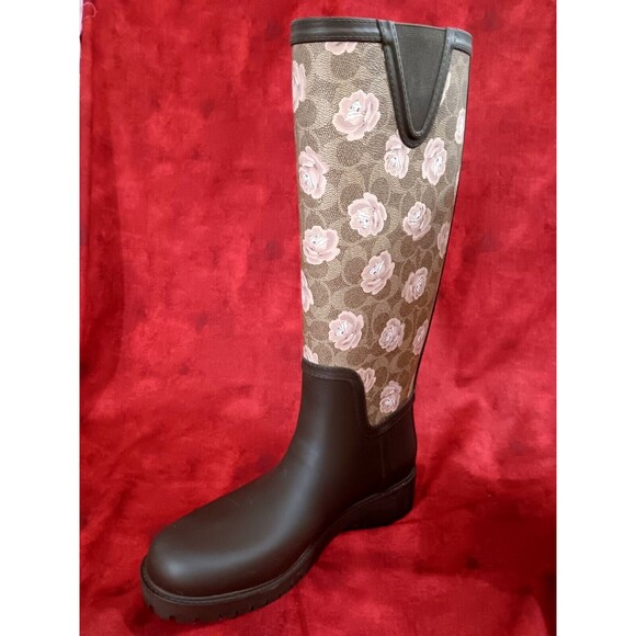 Coach Rain Boots Size 10B Tan & Dark Brown With Pink Floral Print NOB - Picture 3 of 9